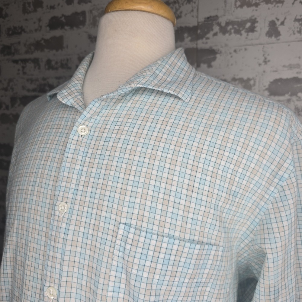 Billy Reid Shirt Men XL Blue Grid Check Long Sleeve Textured Cotton Standard Cut
